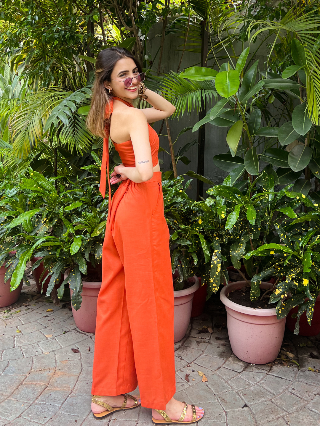 Halter Neck Linen Top With Pants Orange