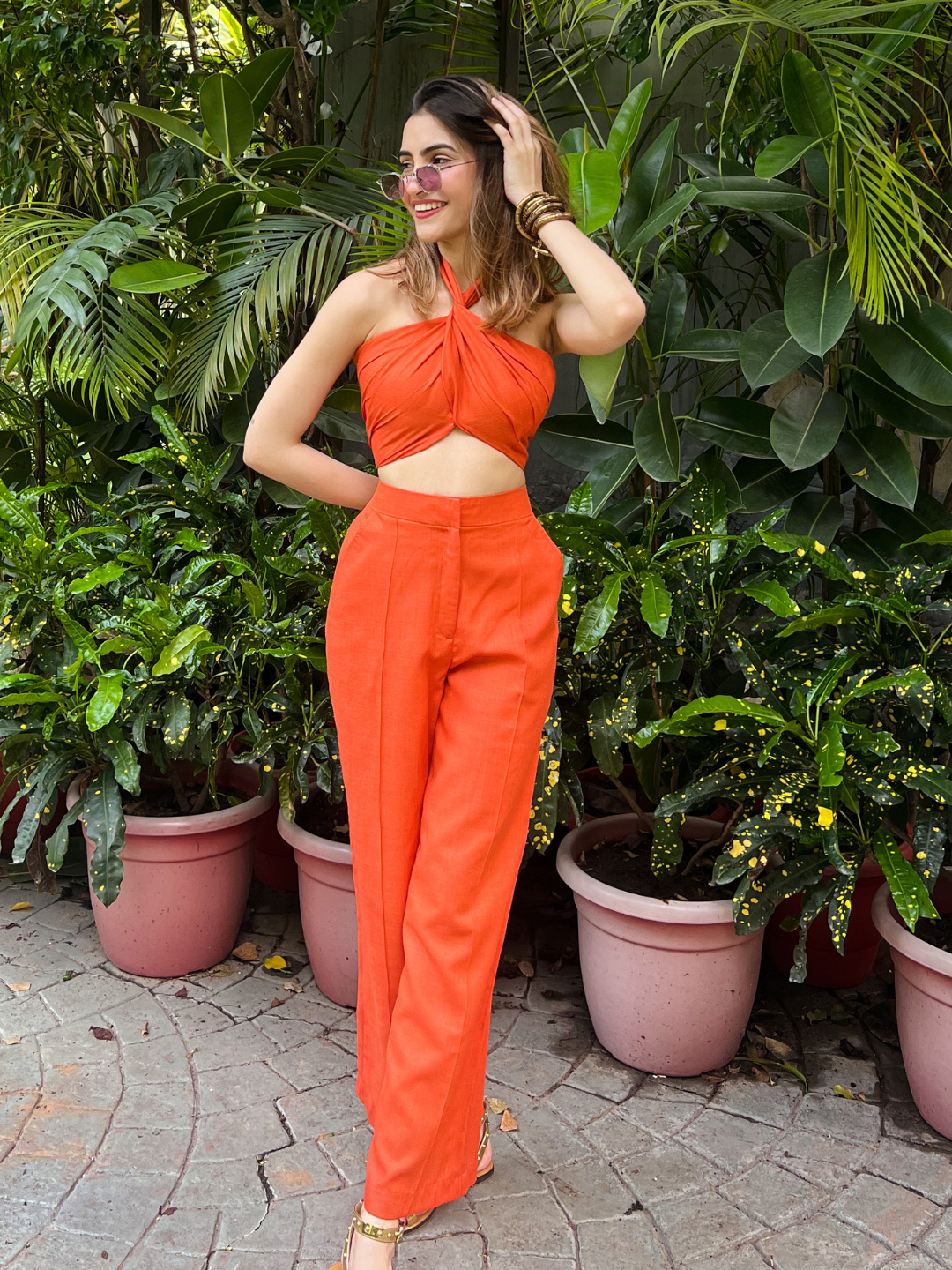 Halter Neck Linen Top With Pants Orange