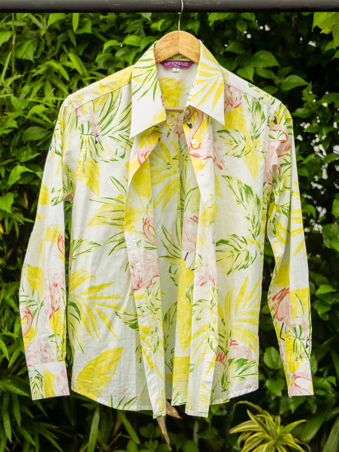 Printed Cotton Shirt White-Yellow Leafy Print