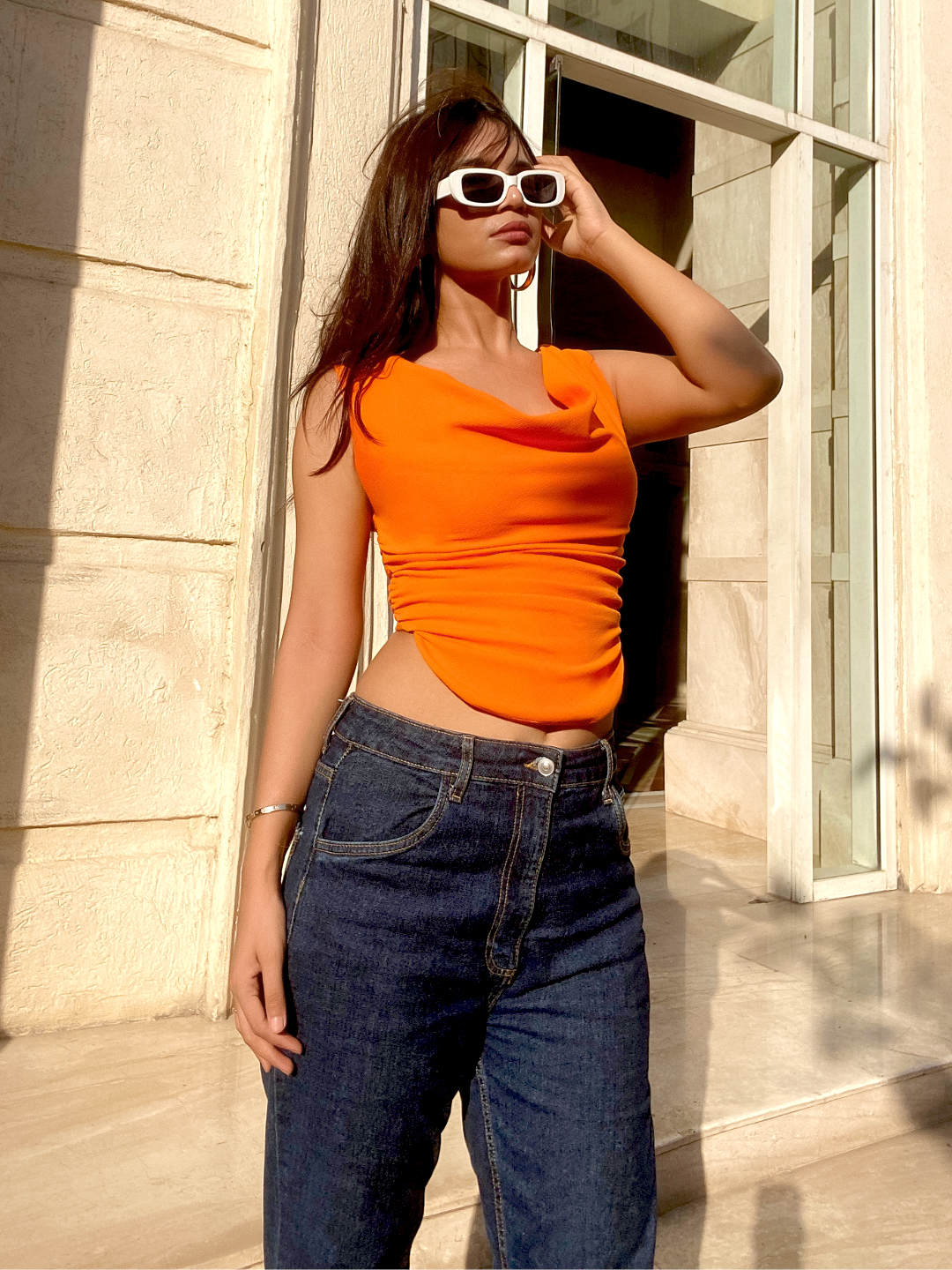 Cotton Stretchable Draped Crop Top Orange