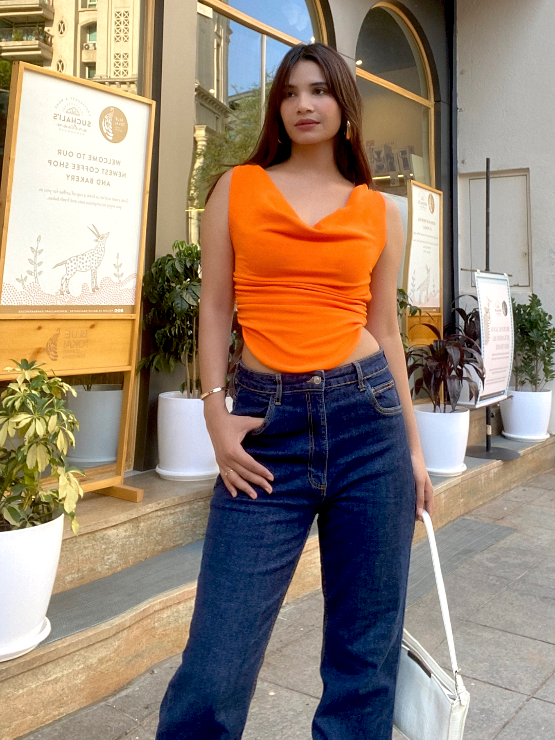 Cotton Stretchable Draped Crop Top Orange