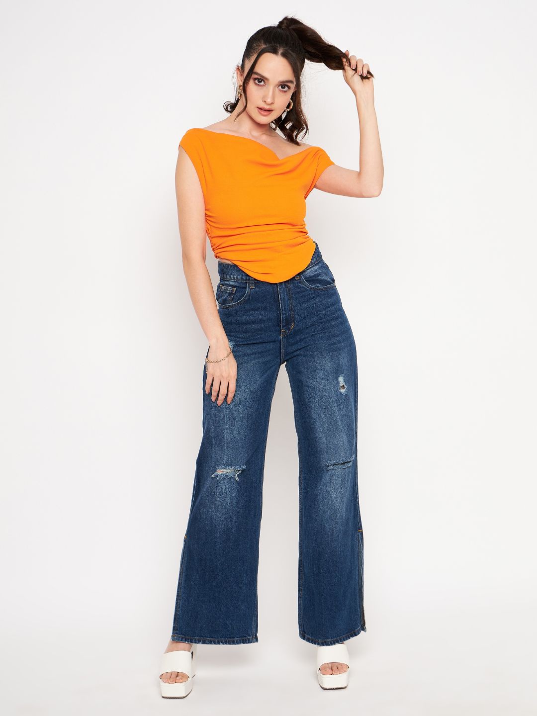 Cotton Stretchable Draped Crop Top Orange