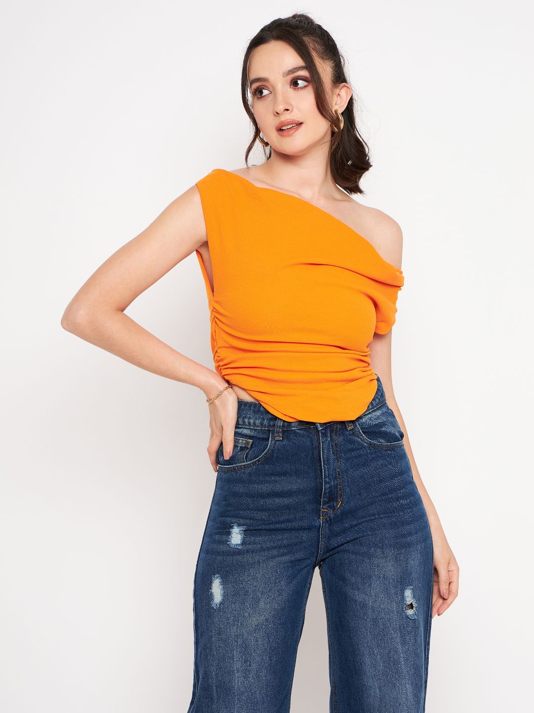 Cotton Stretchable Draped Crop Top Orange