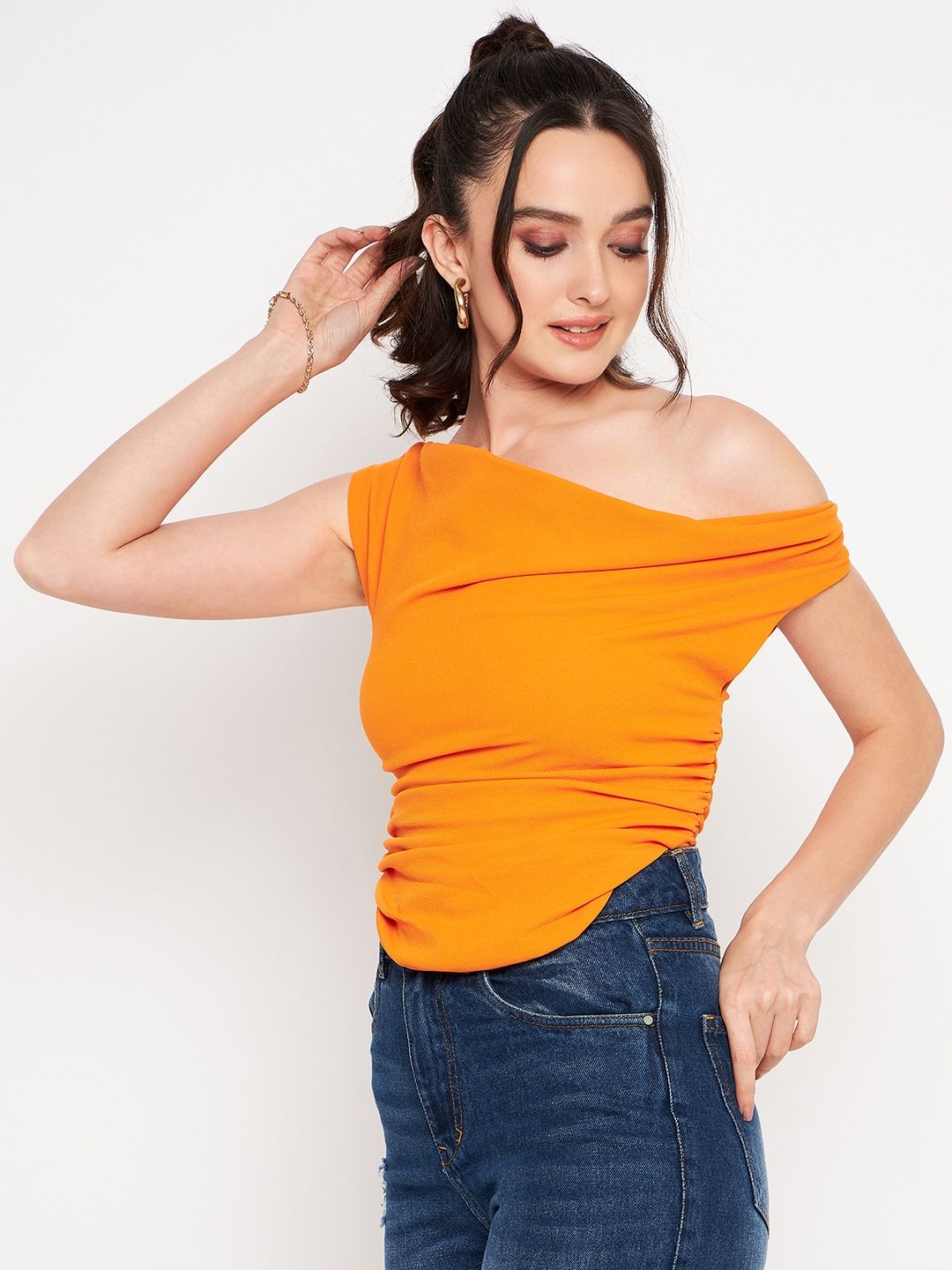 Cotton Stretchable Draped Crop Top Orange