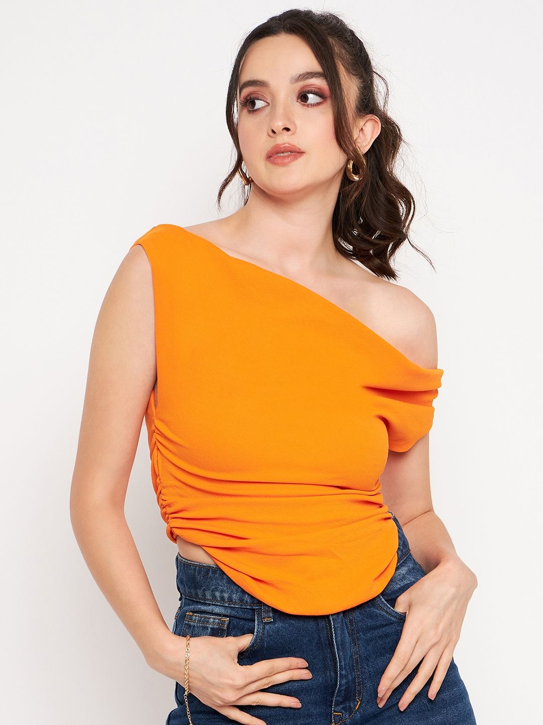 Cotton Stretchable Draped Crop Top Orange