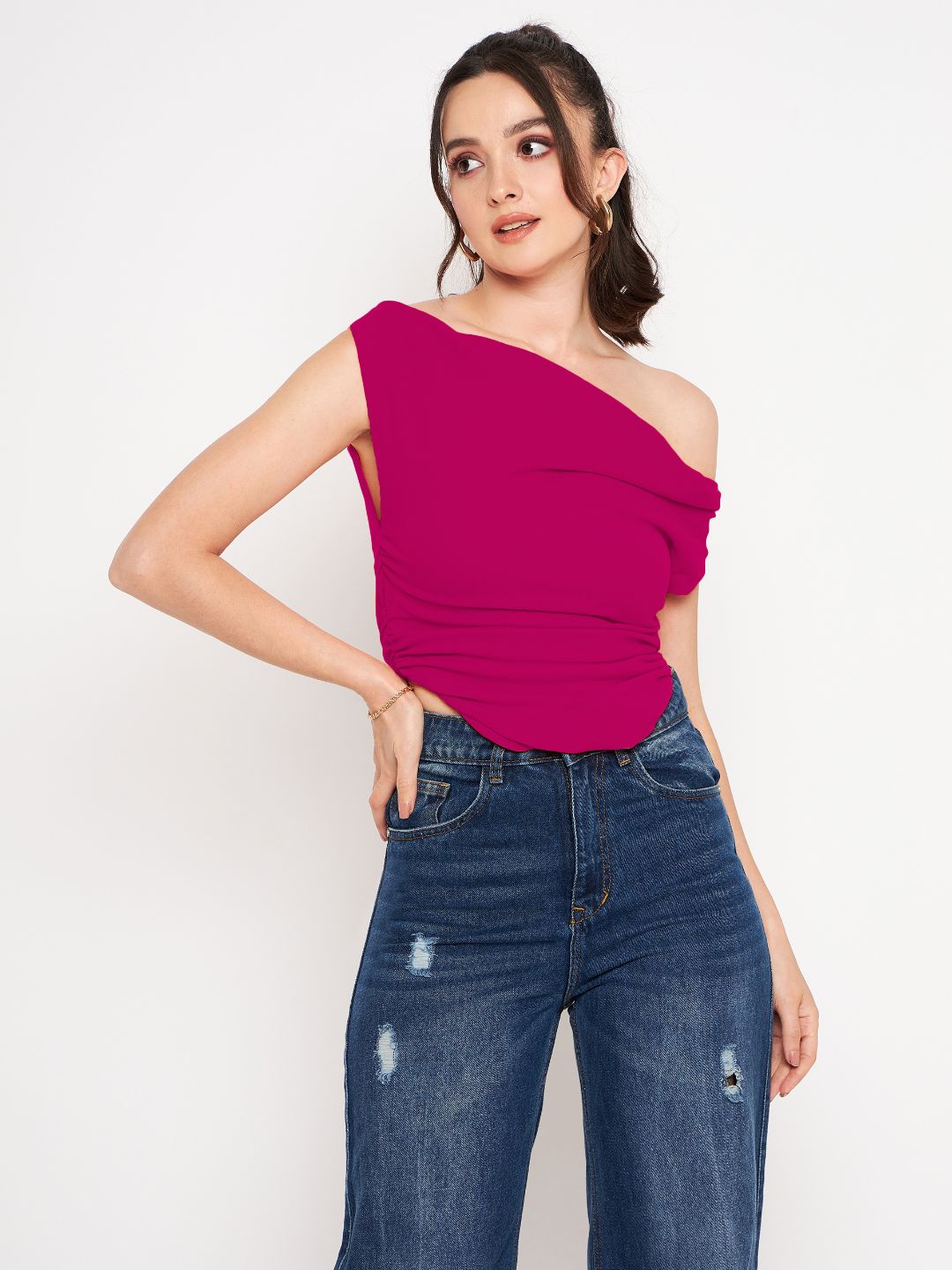 Cotton Stretchable Draped Crop Top Berry