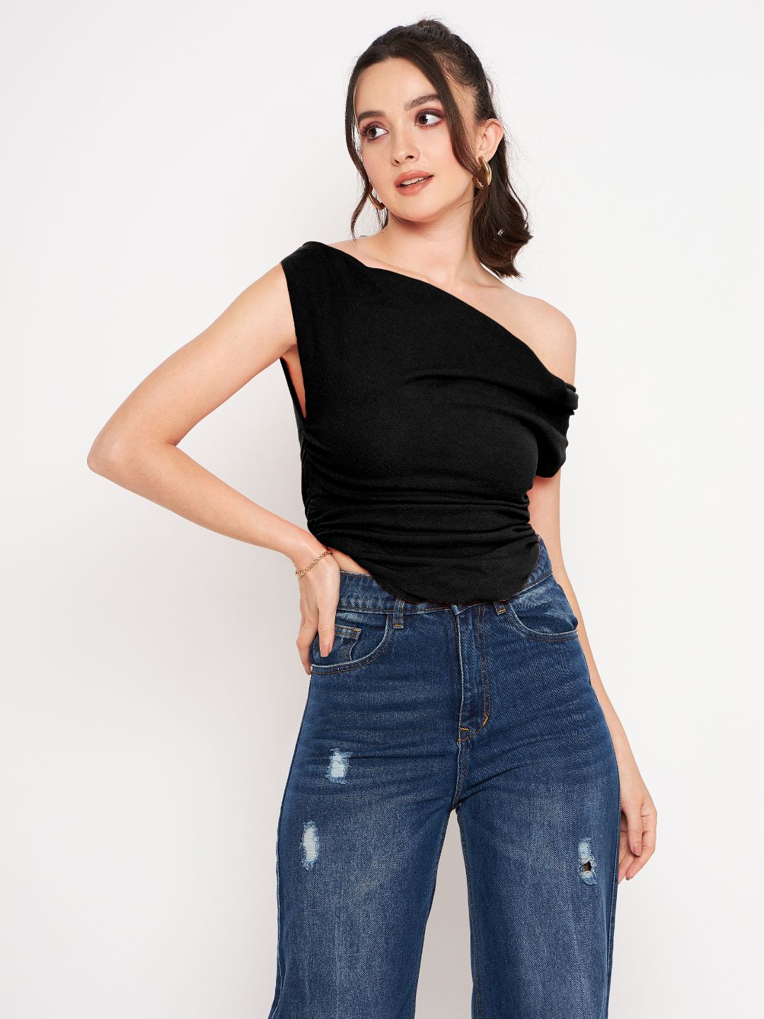 Cotton Stretchable Draped Crop Top Berry