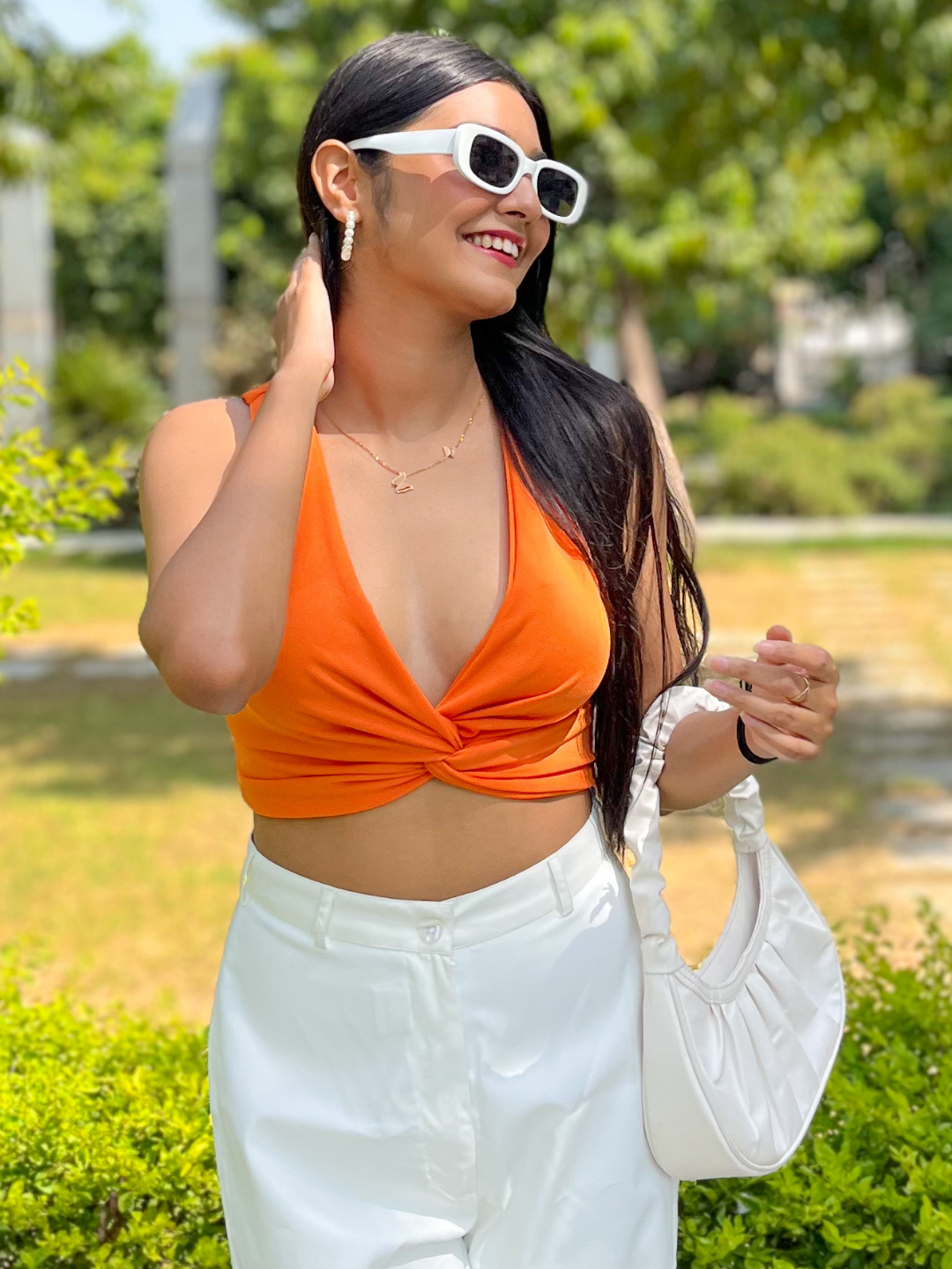 Cotton Stretchable Knotted Short Top Orange