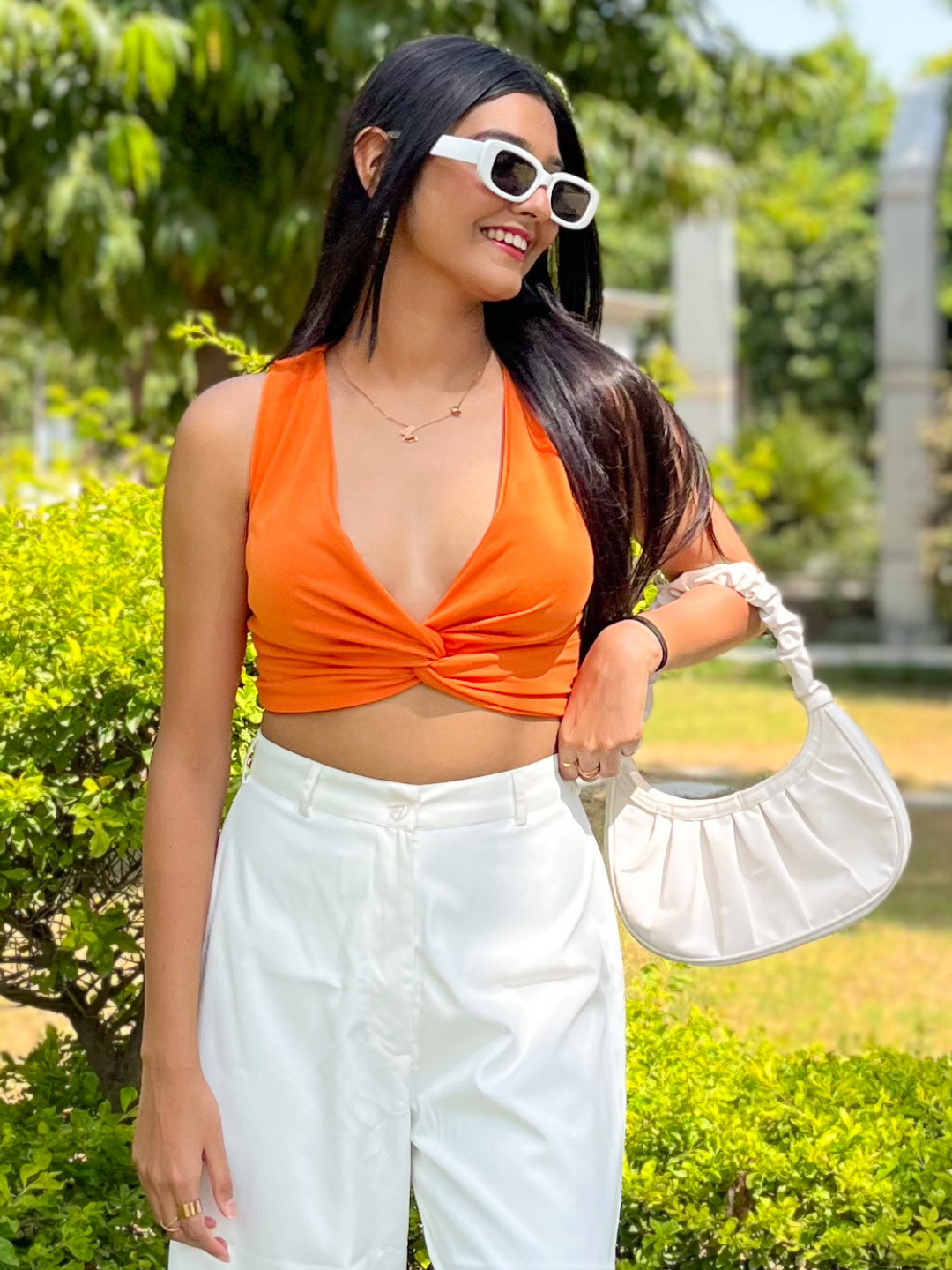 Cotton Stretchable Knotted Short Top Orange