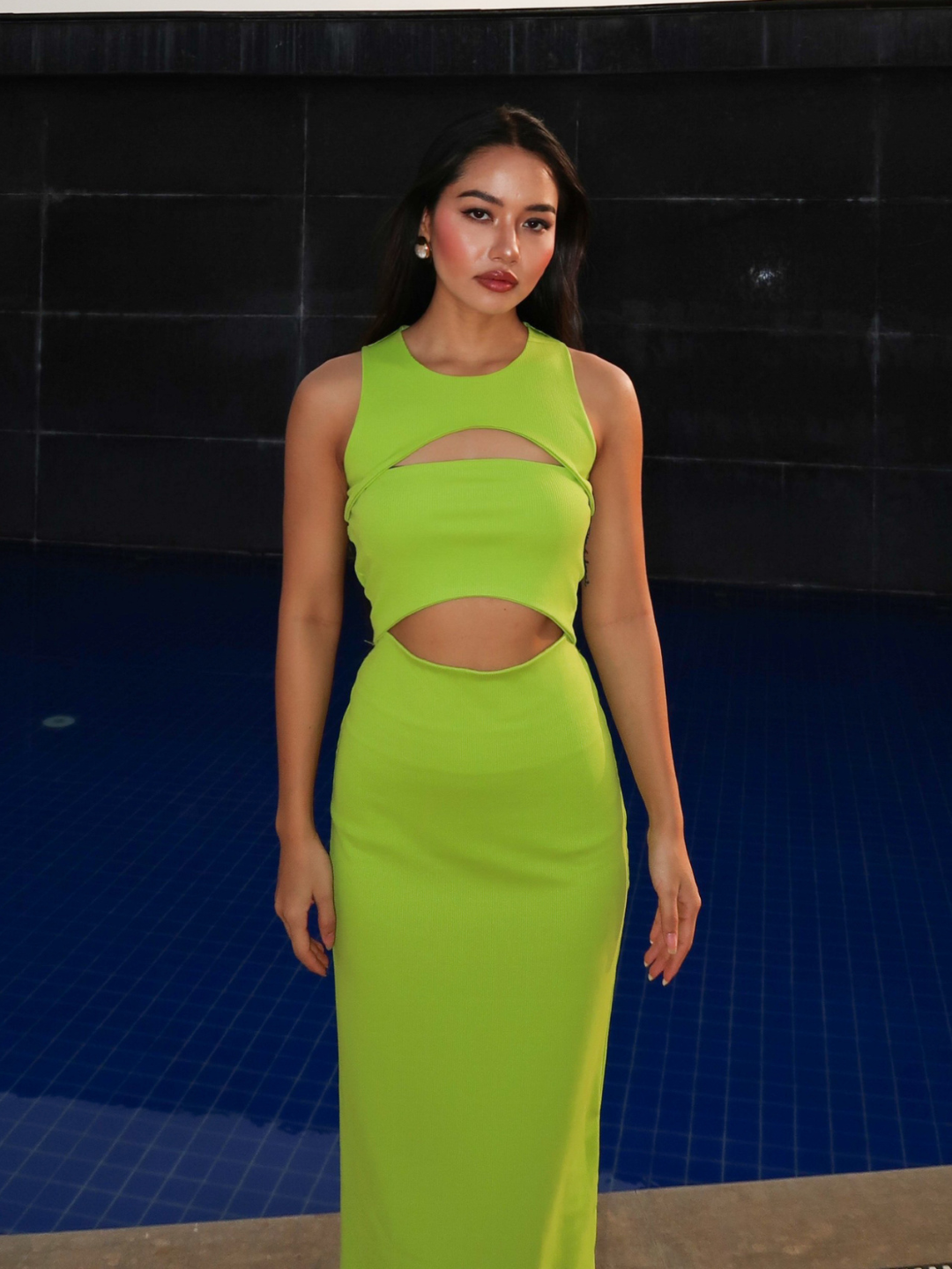 Stretchable Ribbed Bandage Dress Neon Green