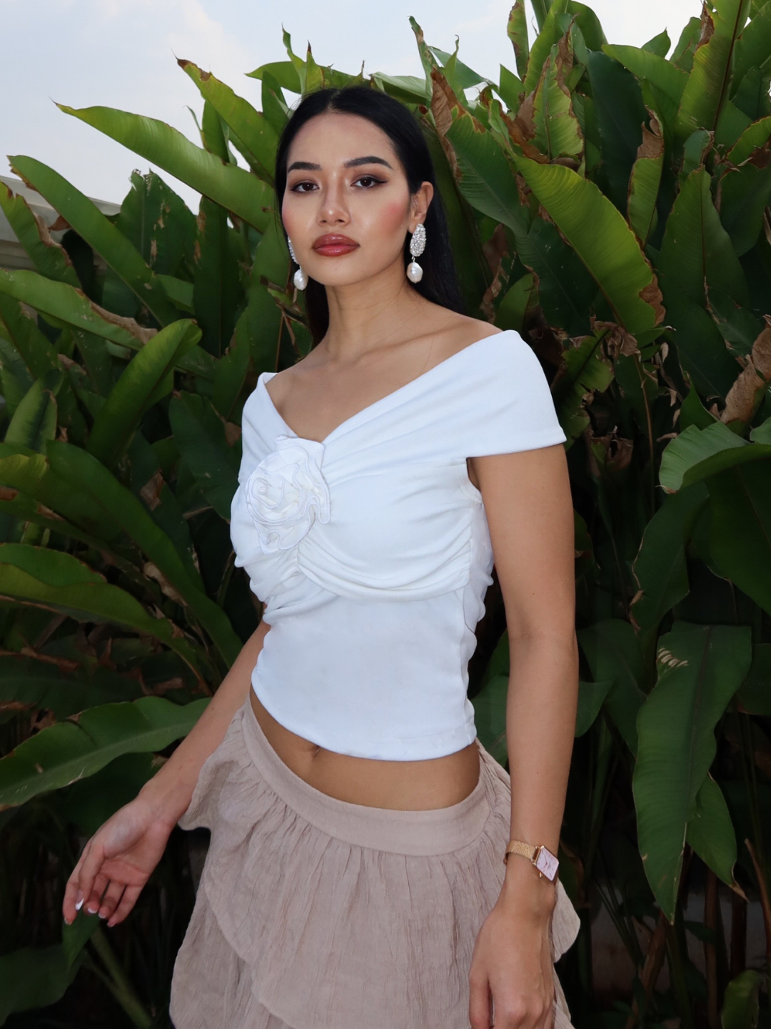 Off-Shoulder Rose Top White