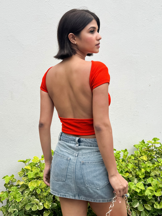 Half Sleeve Ribbed Stretchable Backless Top Orange