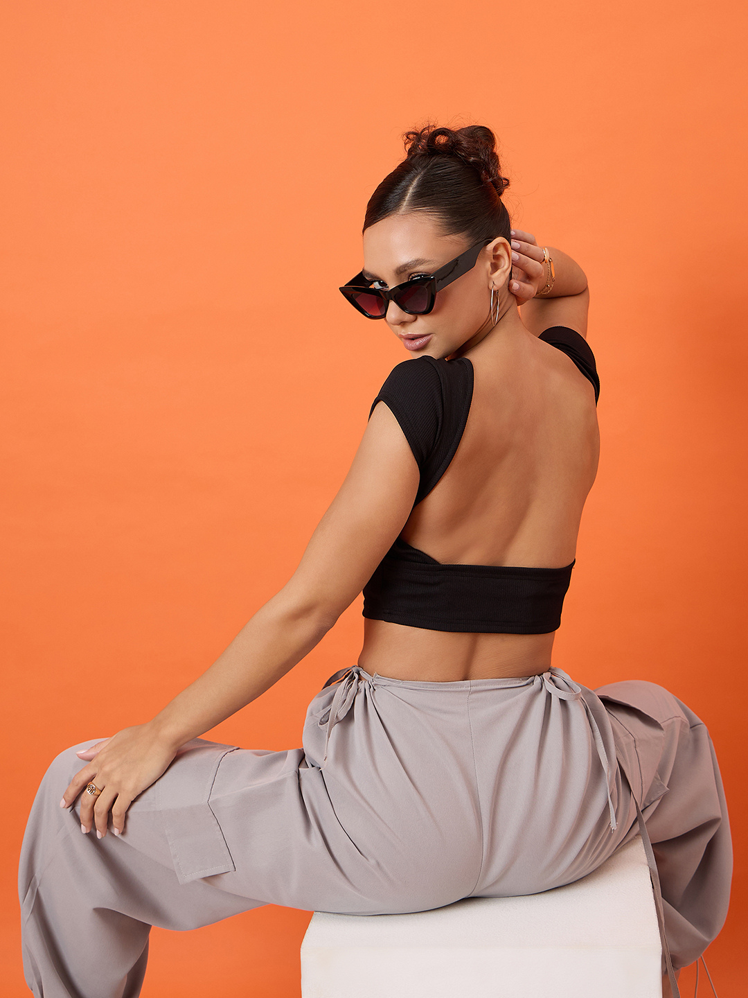 Half Sleeve Ribbed Stretchable Backless Top Orange