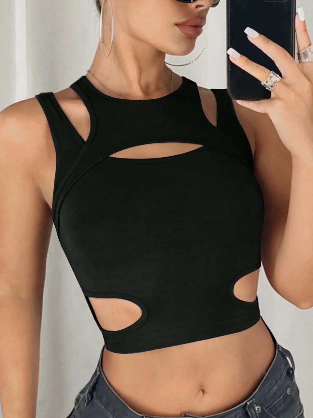 Sleeveless Stretchable Ribbed Top with Front Cut Outs Black