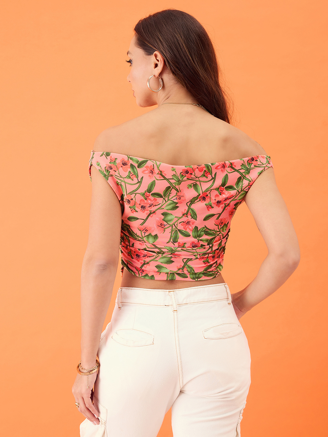 Printed Cotton Stretchable Draped Crop Top Peach-Floral