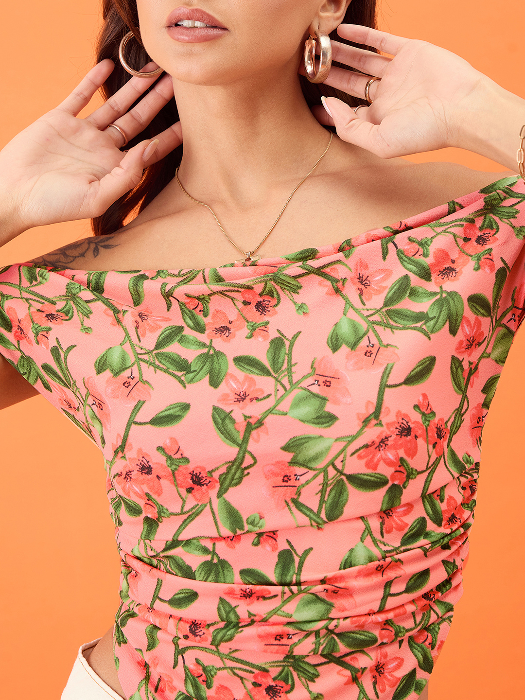 Printed Cotton Stretchable Draped Crop Top Peach-Floral