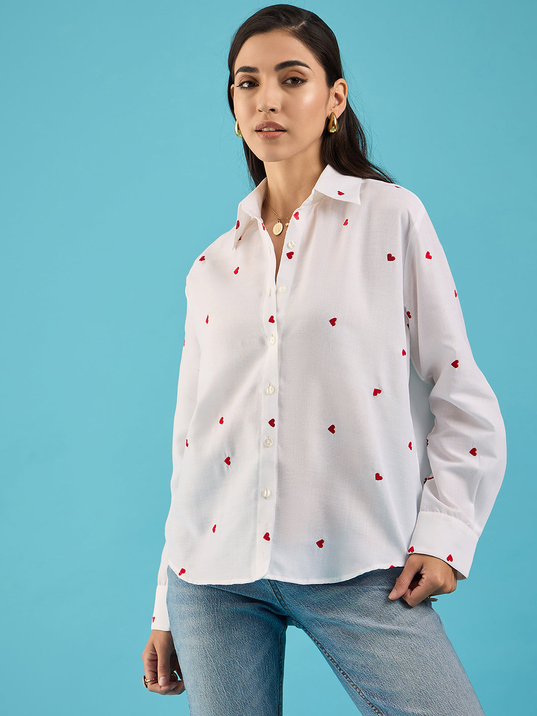 Embroidered Cotton Shirt with Hearts Heart Emroidered