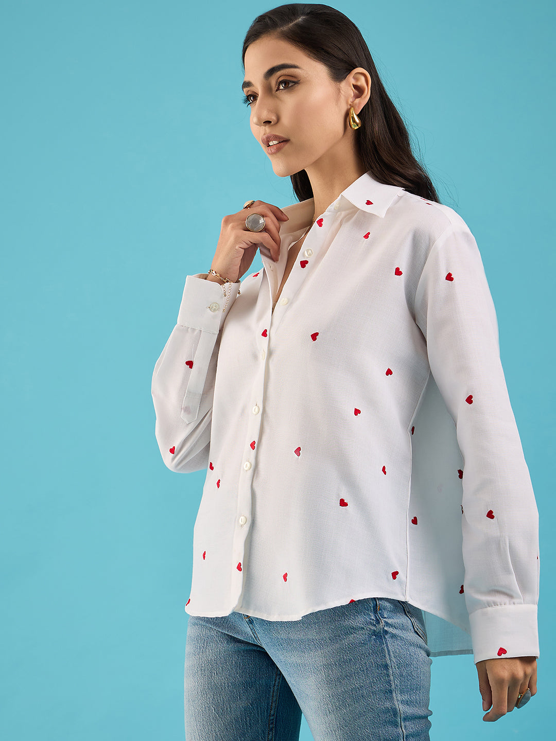 Embroidered Cotton Shirt with Hearts Heart Emroidered