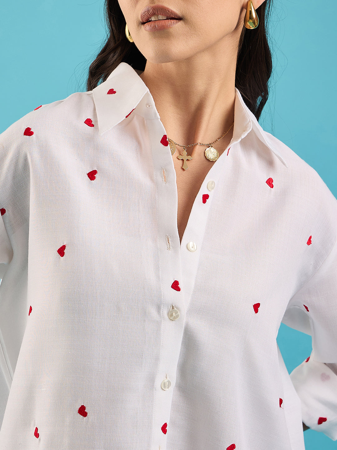 Embroidered Cotton Shirt with Hearts Heart Emroidered