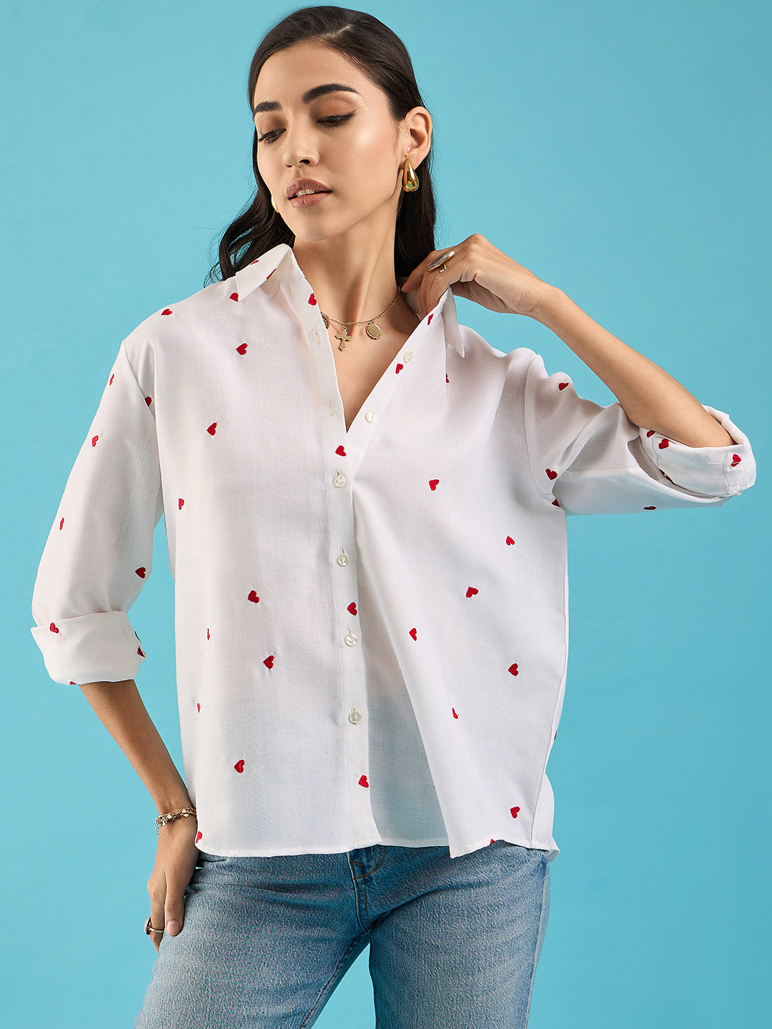 Embroidered Cotton Shirt with Hearts Heart Emroidered