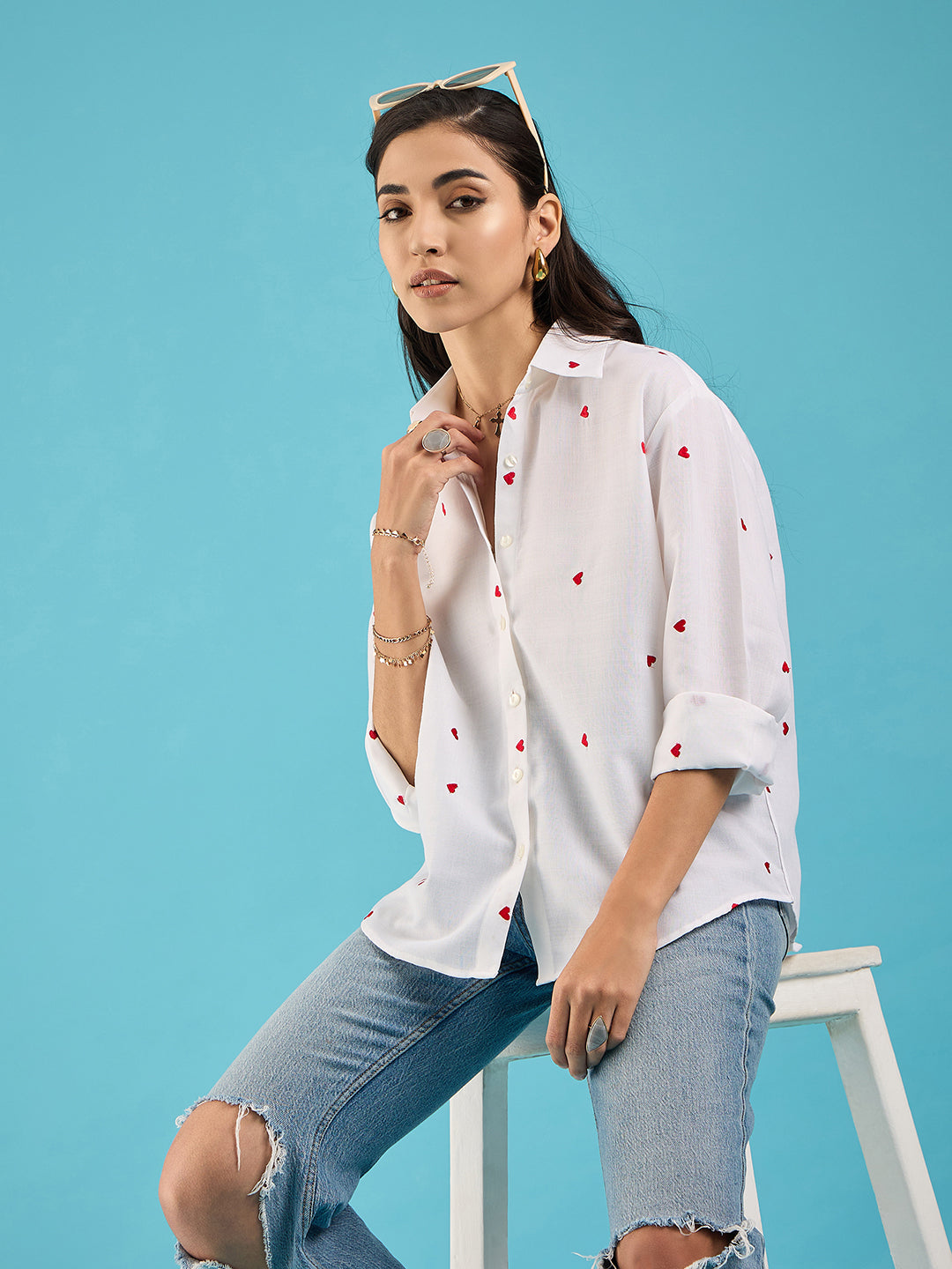 Embroidered Cotton Shirt with Hearts Heart Emroidered