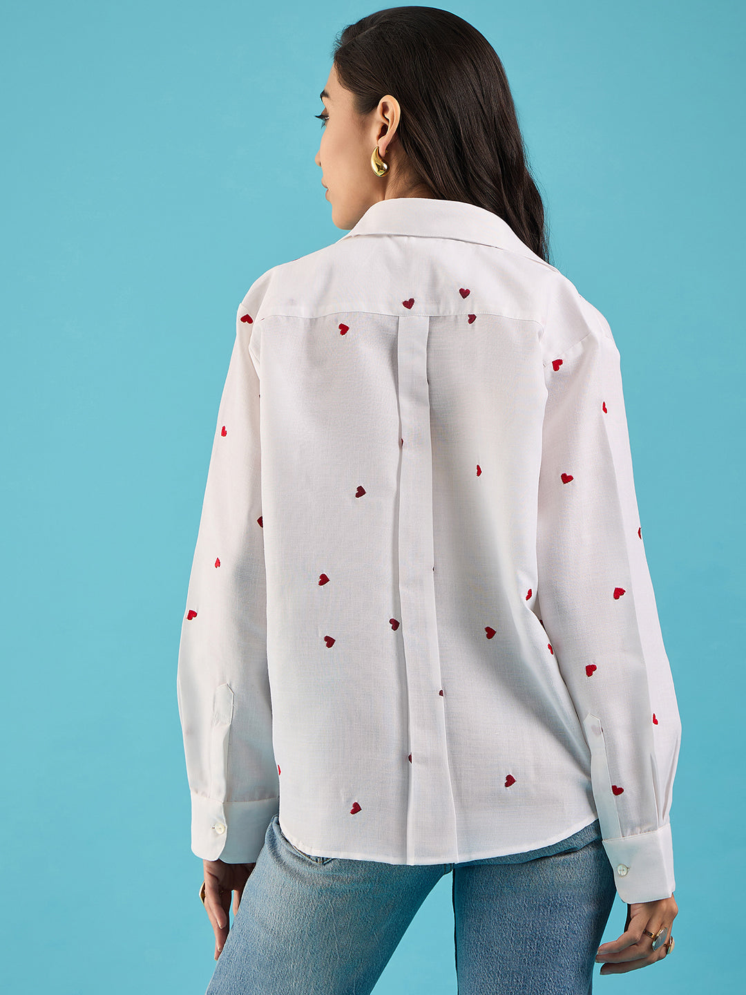 Embroidered Cotton Shirt with Hearts Heart Emroidered