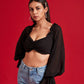 Black Balloon Sheer Sleeves Crop Top with Frills Black