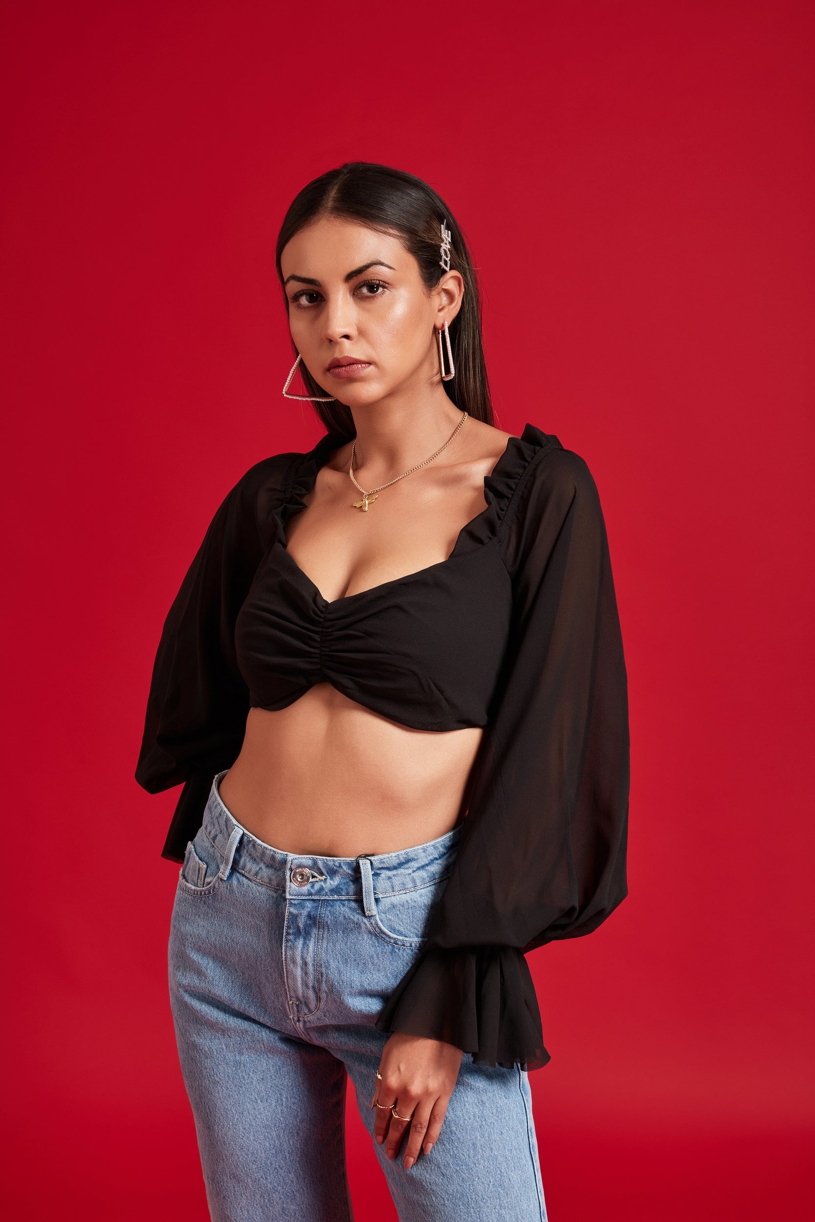 Black Balloon Sheer Sleeves Crop Top with Frills Black