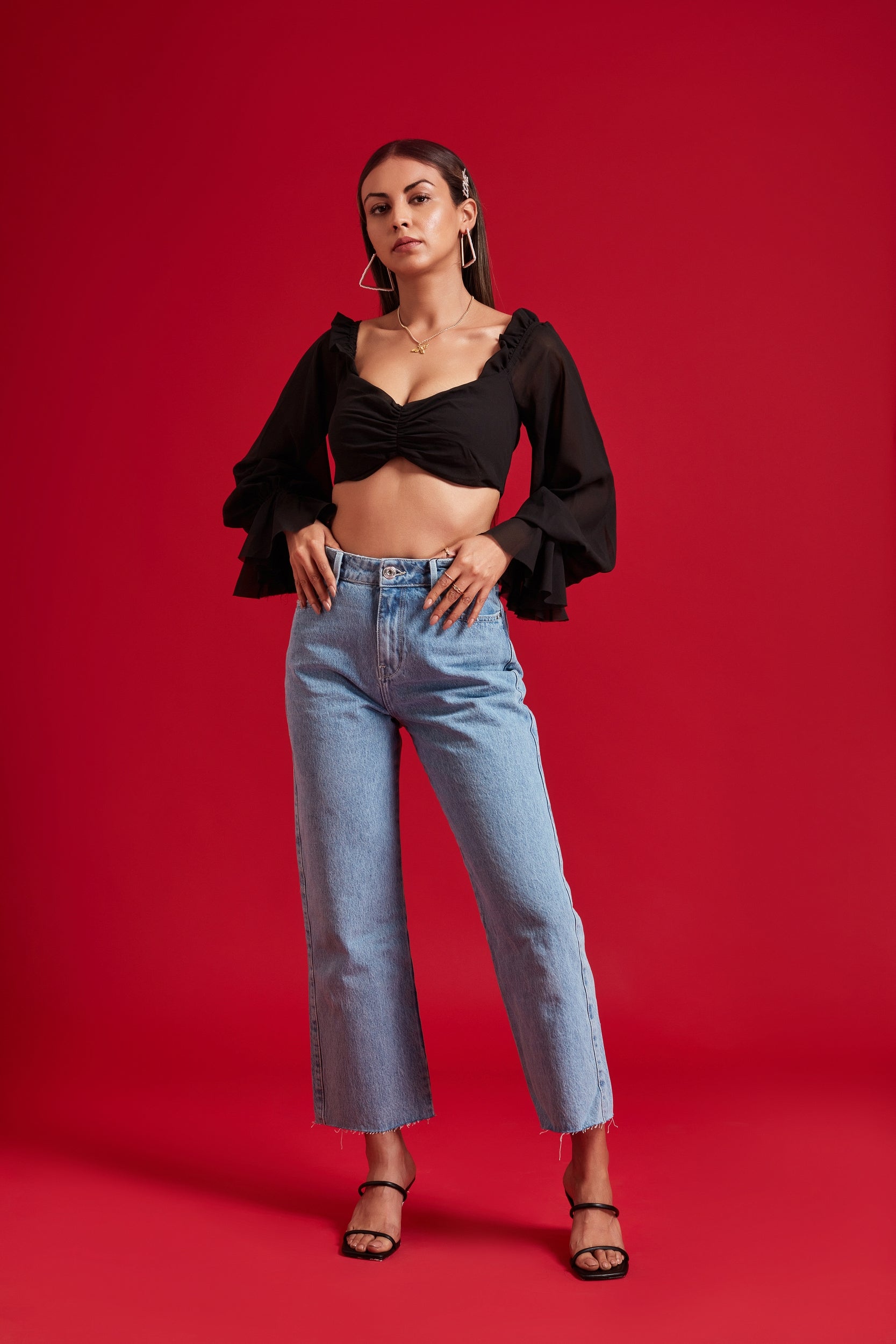 Black Balloon Sheer Sleeves Crop Top with Frills Black