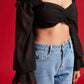 Black Balloon Sheer Sleeves Crop Top with Frills Black