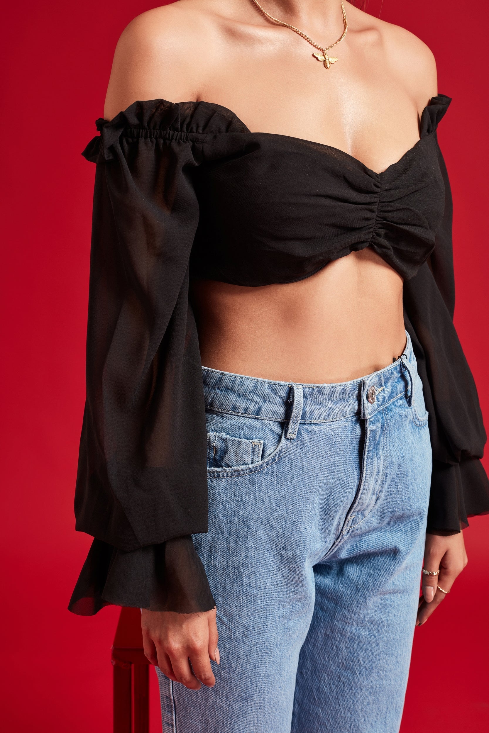 Black Balloon Sheer Sleeves Crop Top with Frills Black