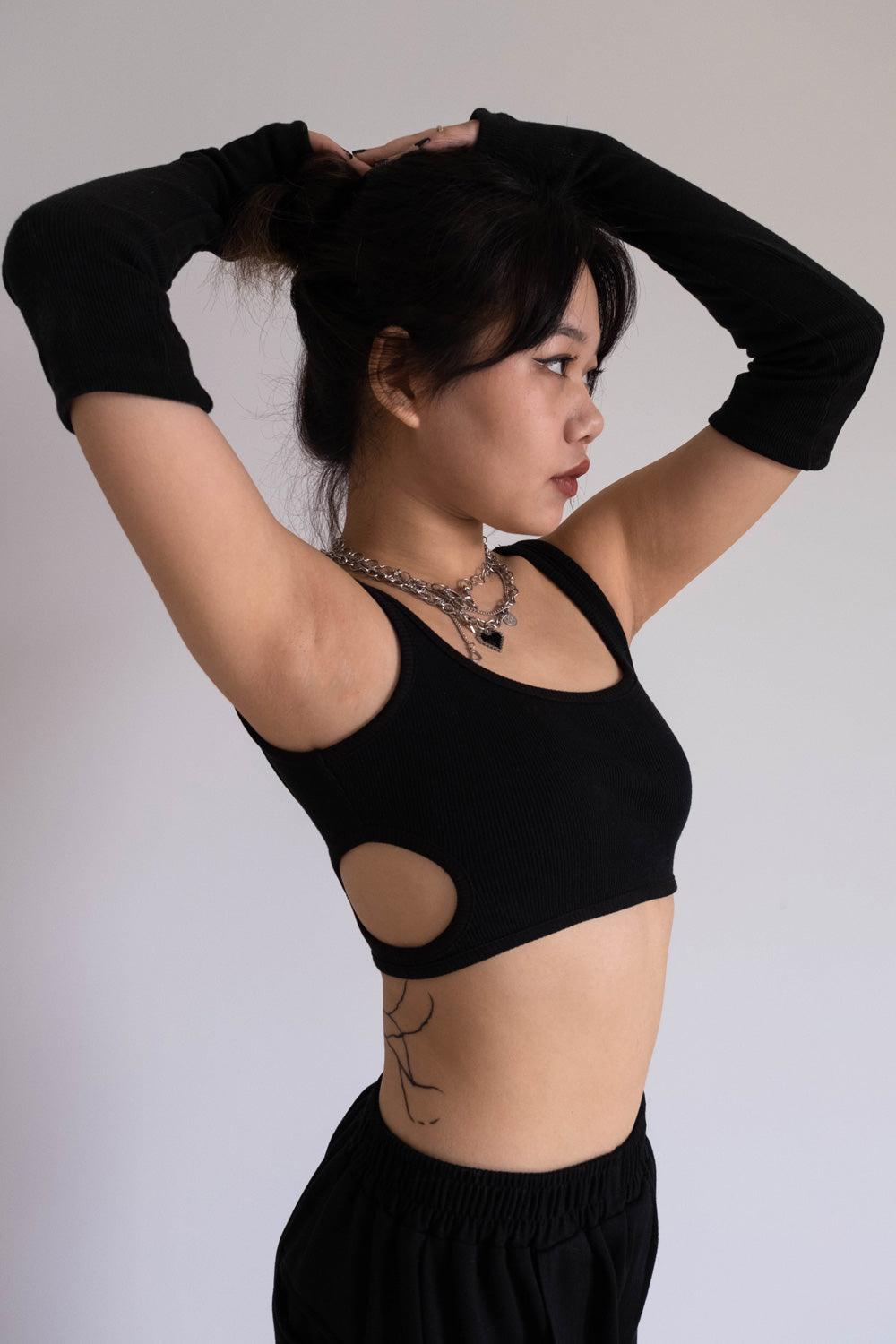 Black Ribbed Cut Out Top 