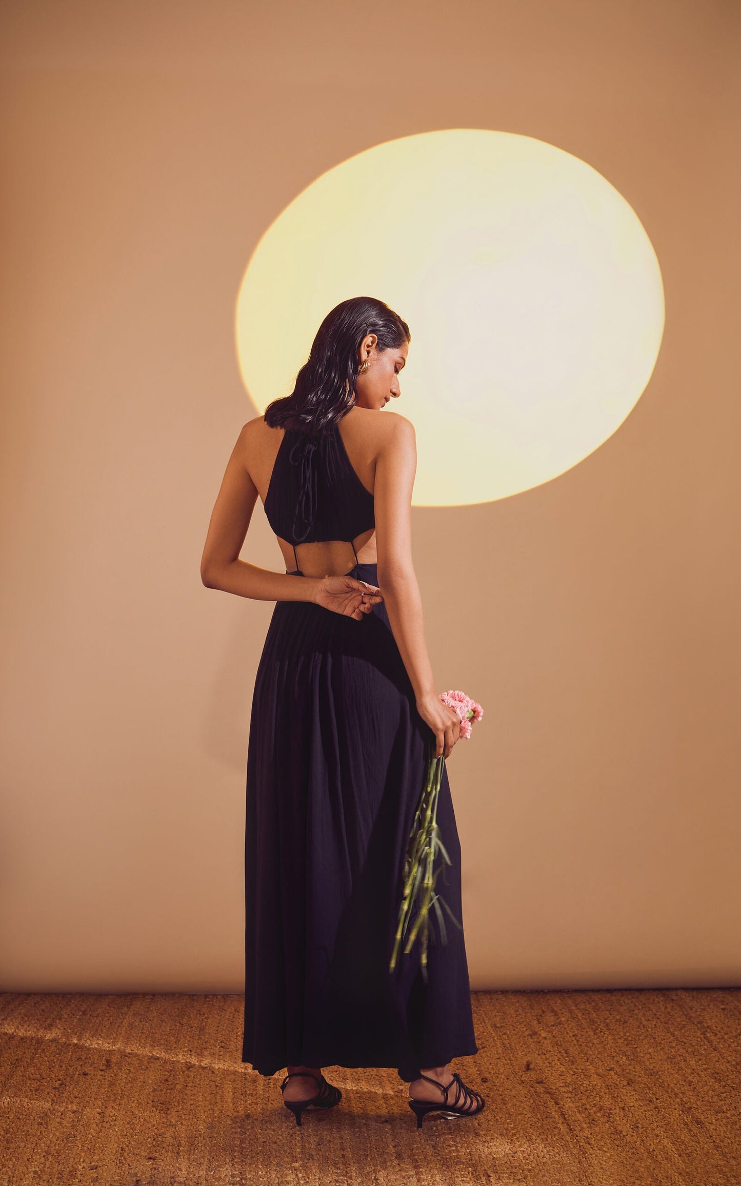 Black Halter Neck Drawstring Tie-Up Long Slit Dress Black