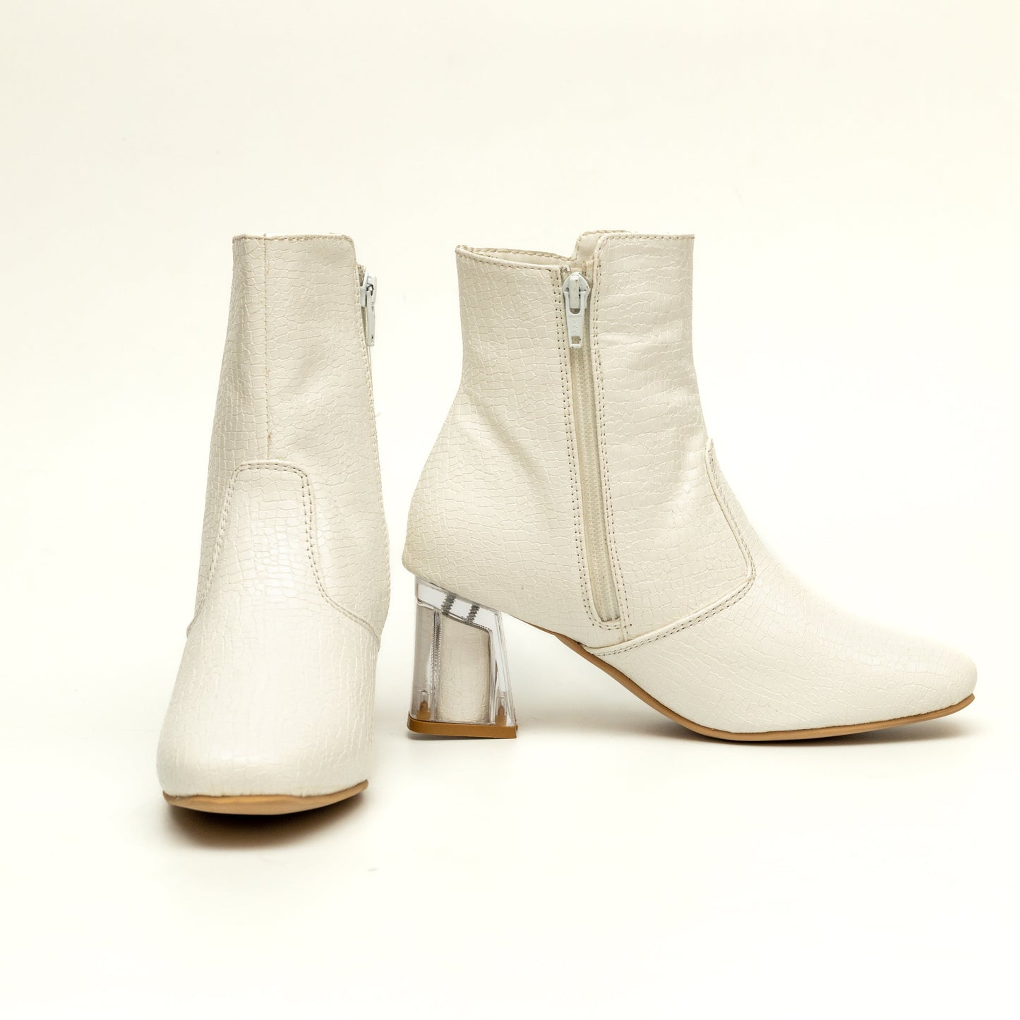 Block Heel Ankle Boots - White 