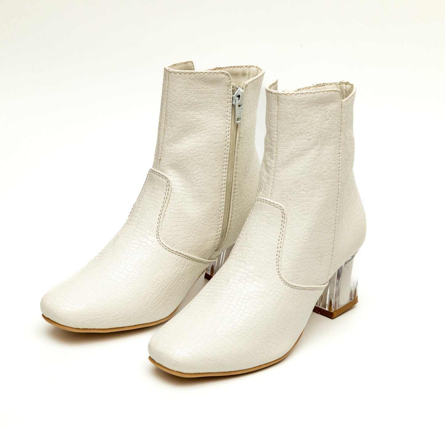 Block Heel Ankle Boots - White 