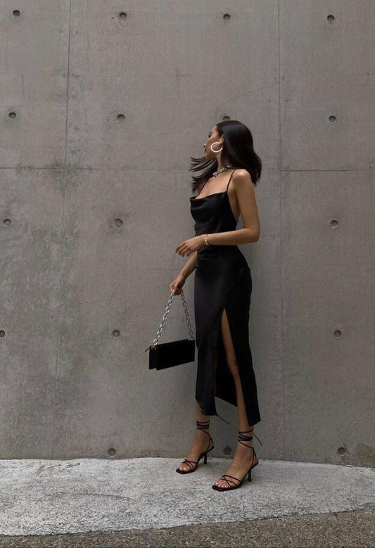 Black Calf Length Slit Satin dress 