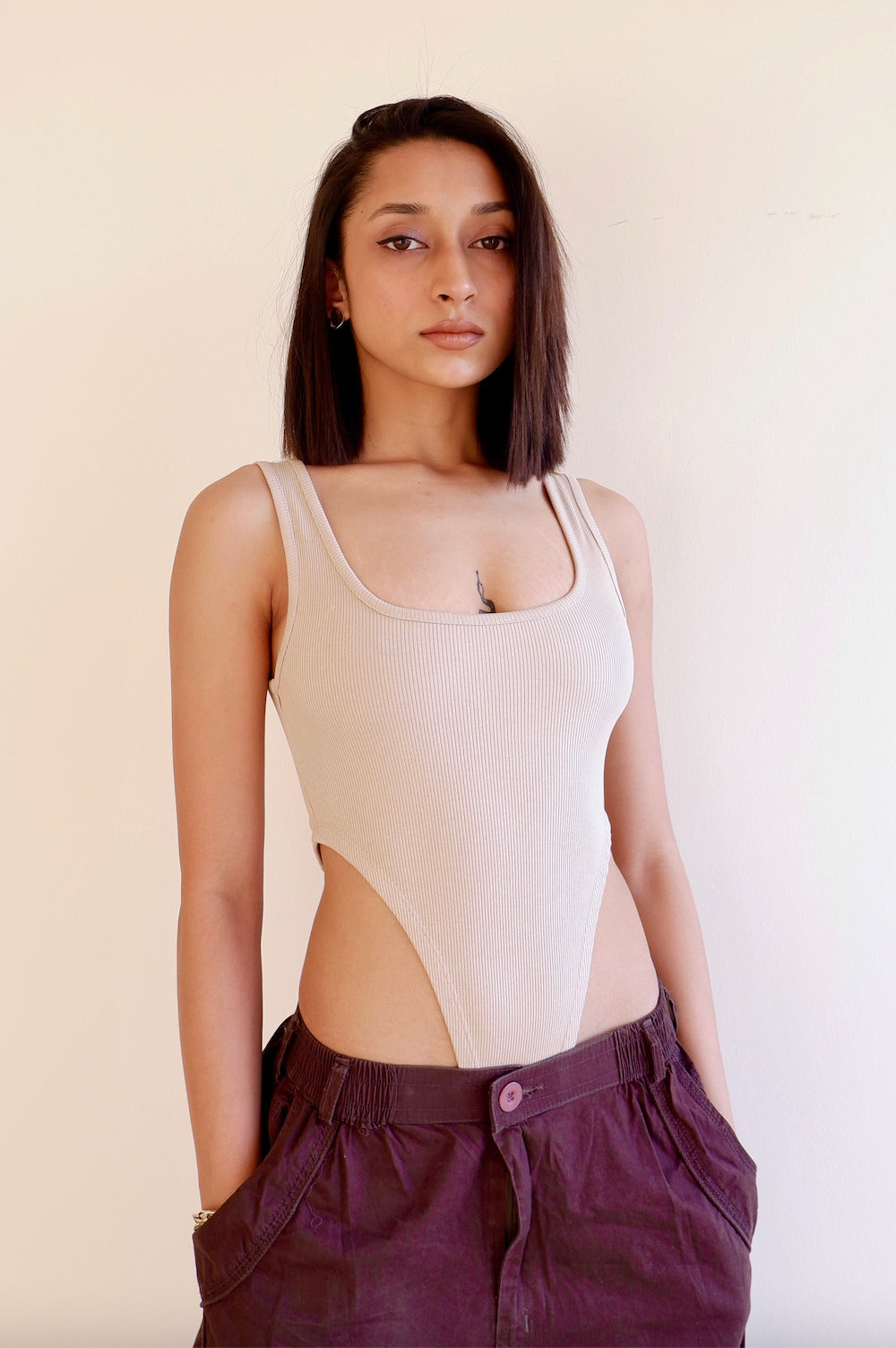 Beige Square Cut Bodysuit 