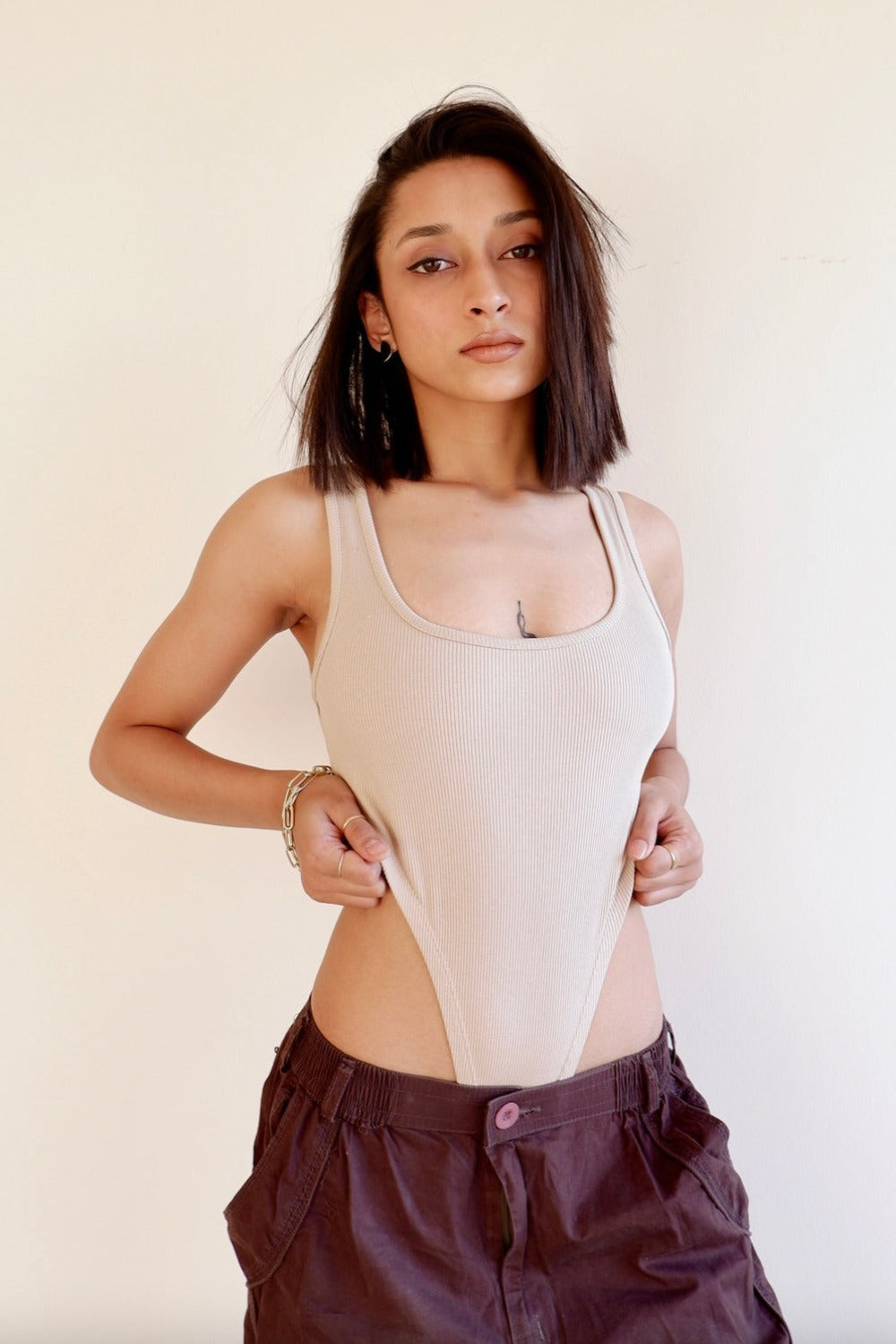 Beige Square Cut Bodysuit 