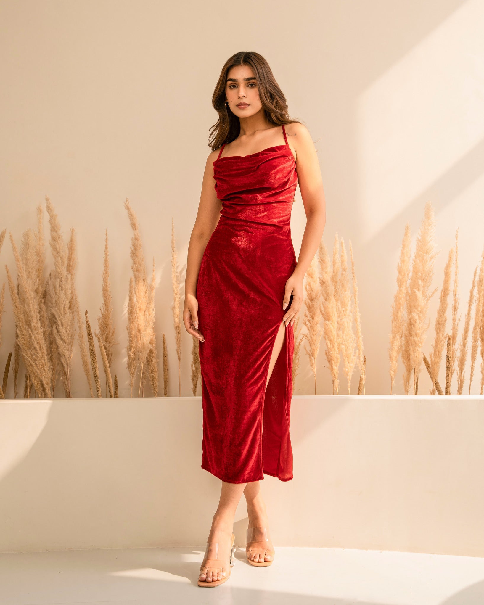 Red Velvet Cowl Neck Dress Red