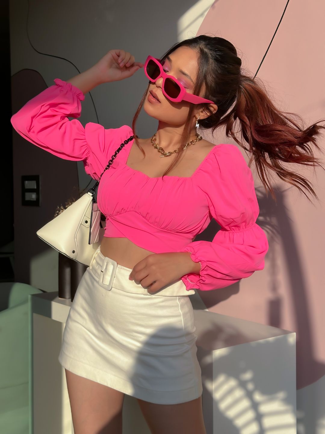 Tie Up Crop Top with Peasant Sleeves Hot Pink