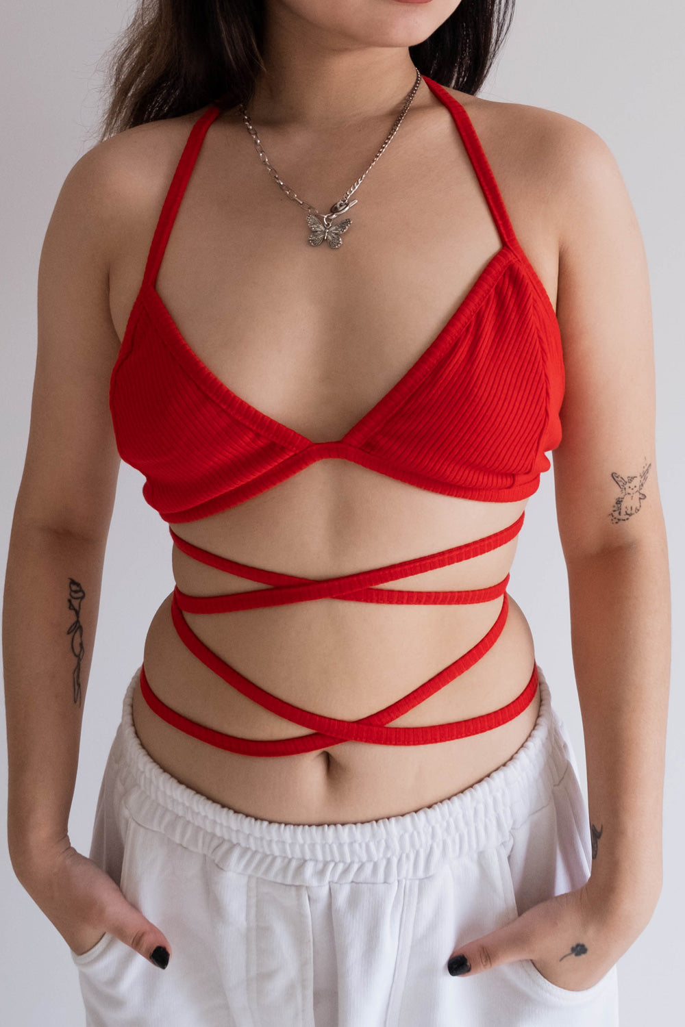 Red Tie Up Rib Bralette Red