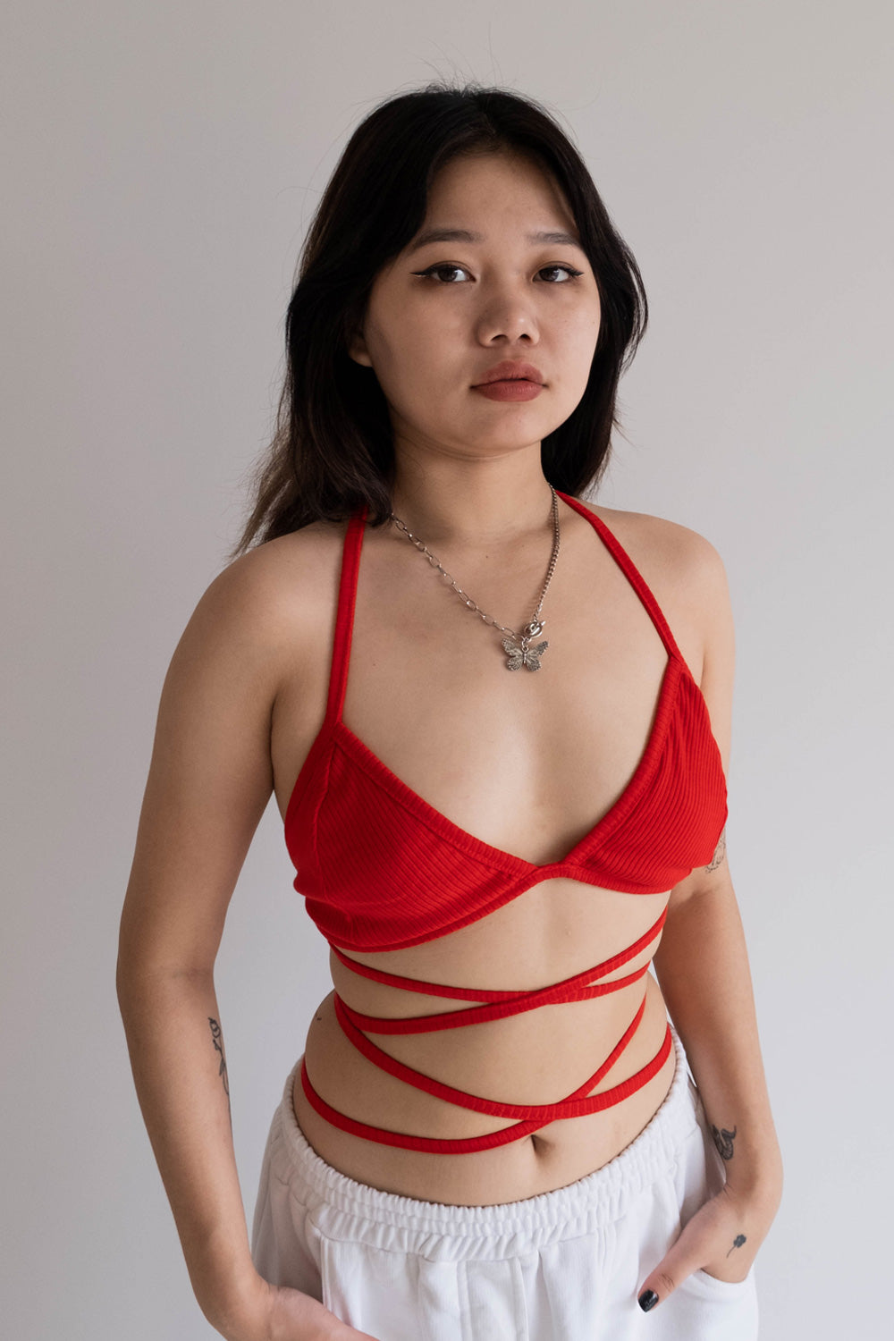 Red Tie Up Rib Bralette Red