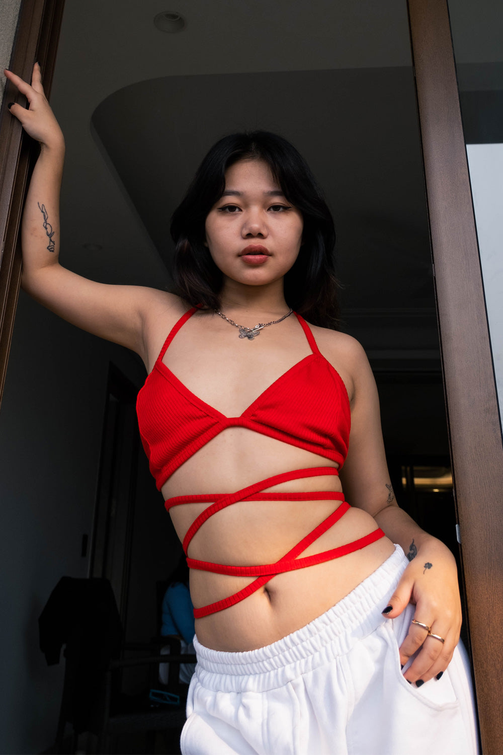 Red Tie Up Rib Bralette Red