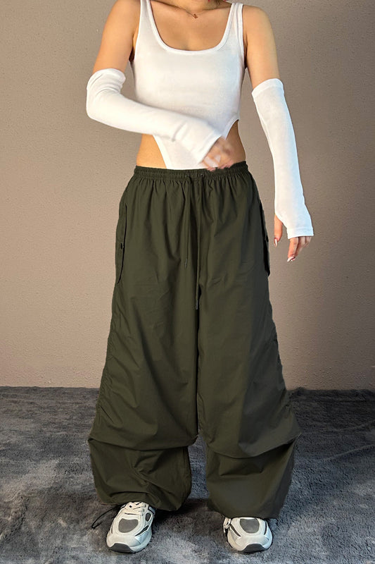 Olive Flared Parachute Pants 