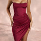 Uma Draped Neck Asymmetric Corset Midi Wine Dress 