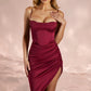 Uma Draped Neck Asymmetric Corset Midi Wine Dress 