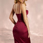 Uma Draped Neck Asymmetric Corset Midi Wine Dress 