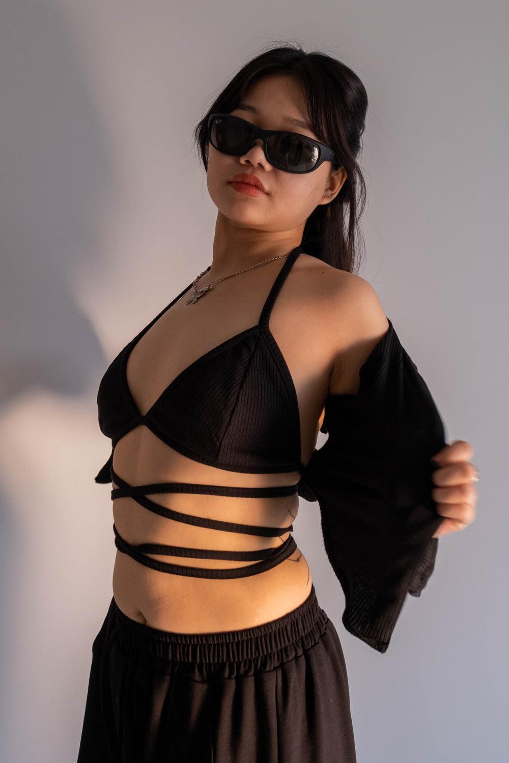 Black Tie Up Rib Bralette 