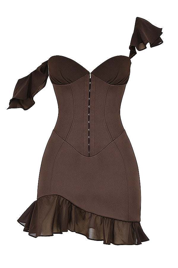 Midnight Elegance Espresso Ruffle Corset Mini Dress 