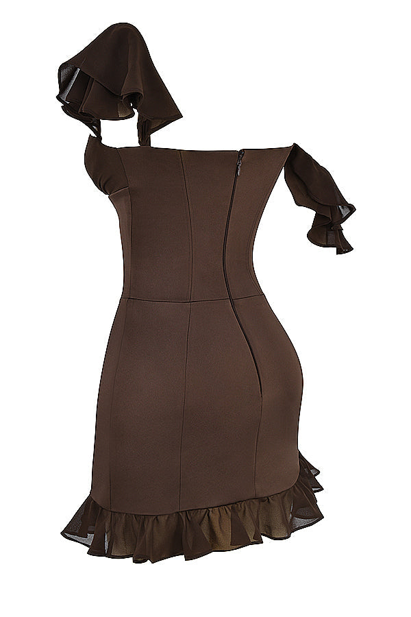 Midnight Elegance Espresso Ruffle Corset Mini Dress 